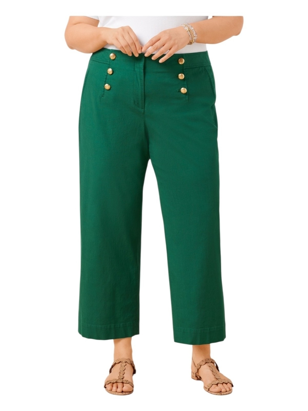 Talbots Green Cropped Sailor Pants with Gold Buttons